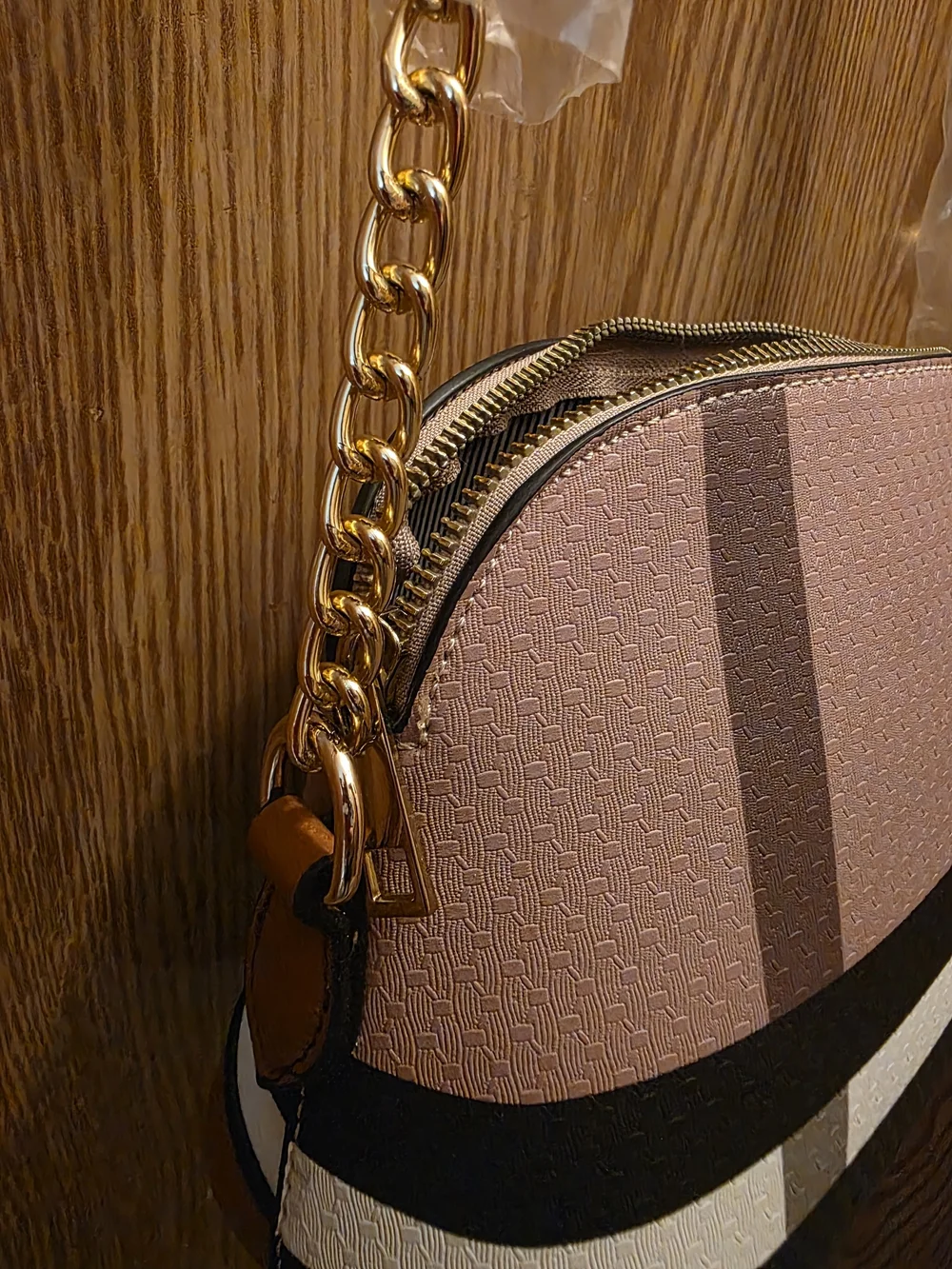 Women’s Pink Stripe Crossbody Bag with Gold Chain